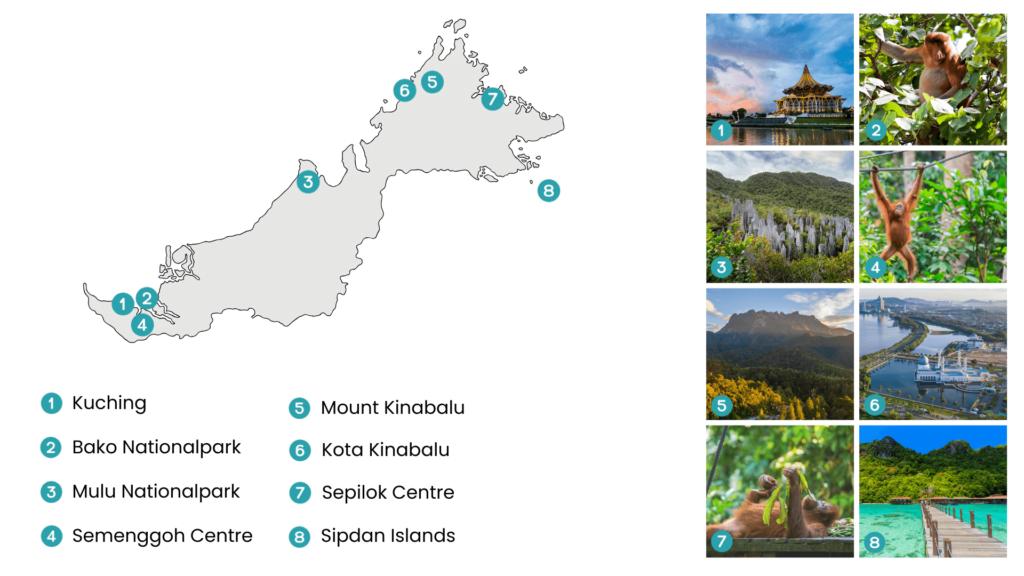 Mapa de los puntos destacados de Borneo Malasia