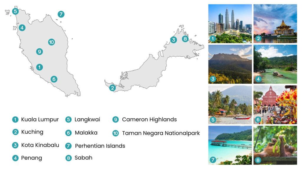 Mapa de los puntos destacados de Malasia