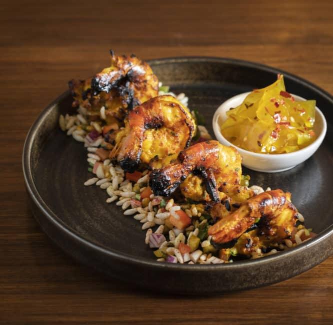 Tandoori prawns on a bed of rice at Indian restaurant Babur in Forest Hill